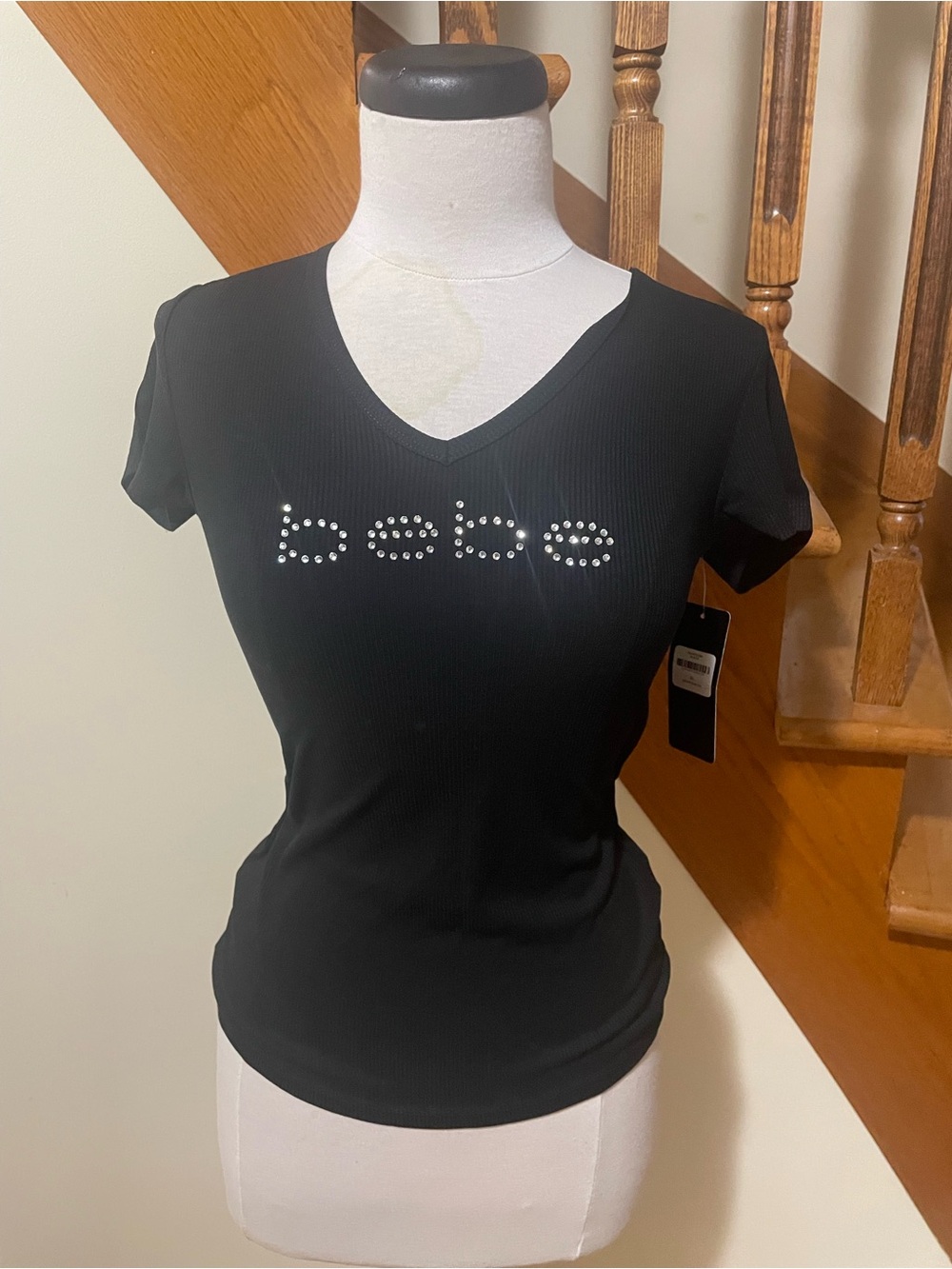 bebe Black V-Neck Rhinestone Logo Short Sleeve Tee